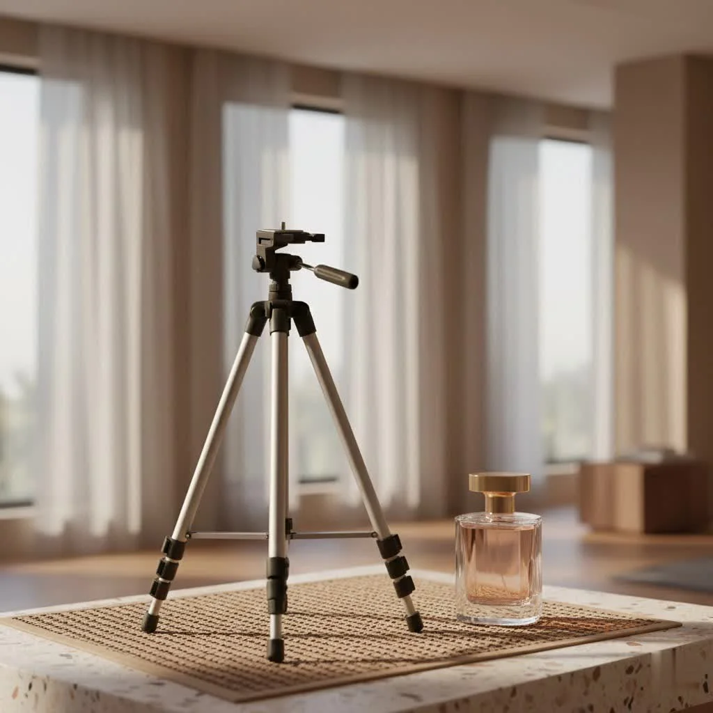 Person working on a laptop connected to an external monitor on a tripod stand
