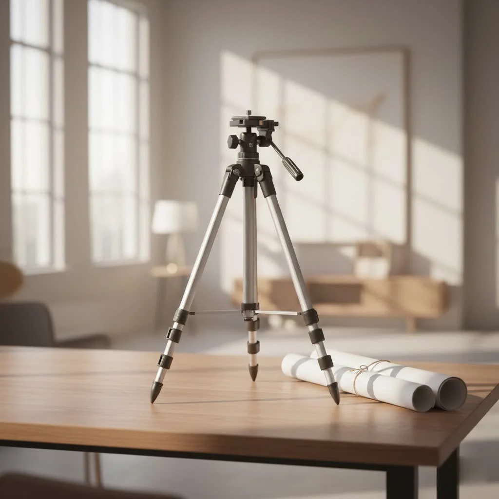 Large tripod stand supporting a professional camera setup