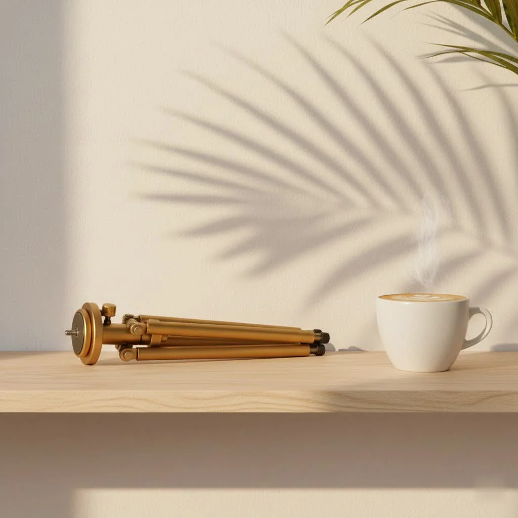 Compact tripod stand supporting a mirrorless camera on a tabletop