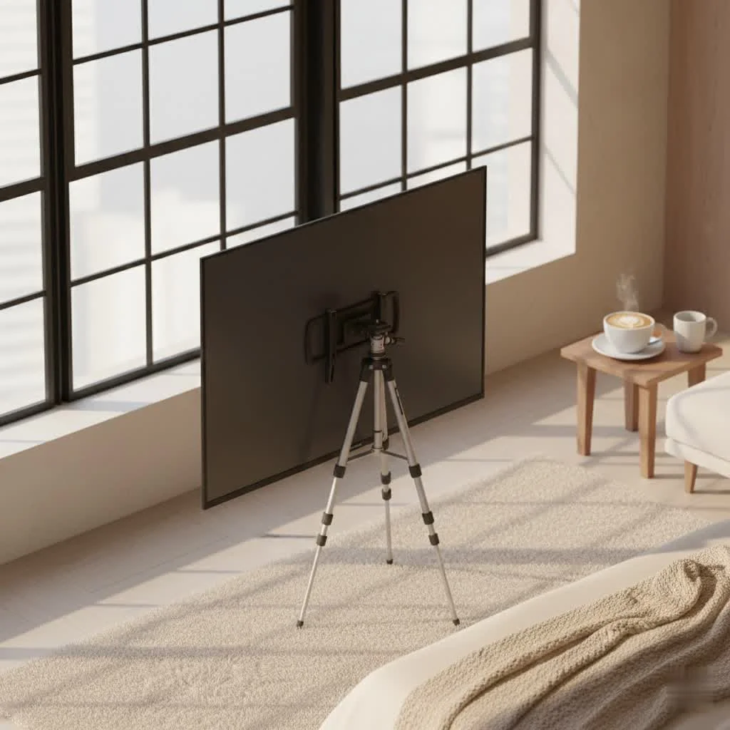 Tripod display stand showcasing artwork in a gallery setting