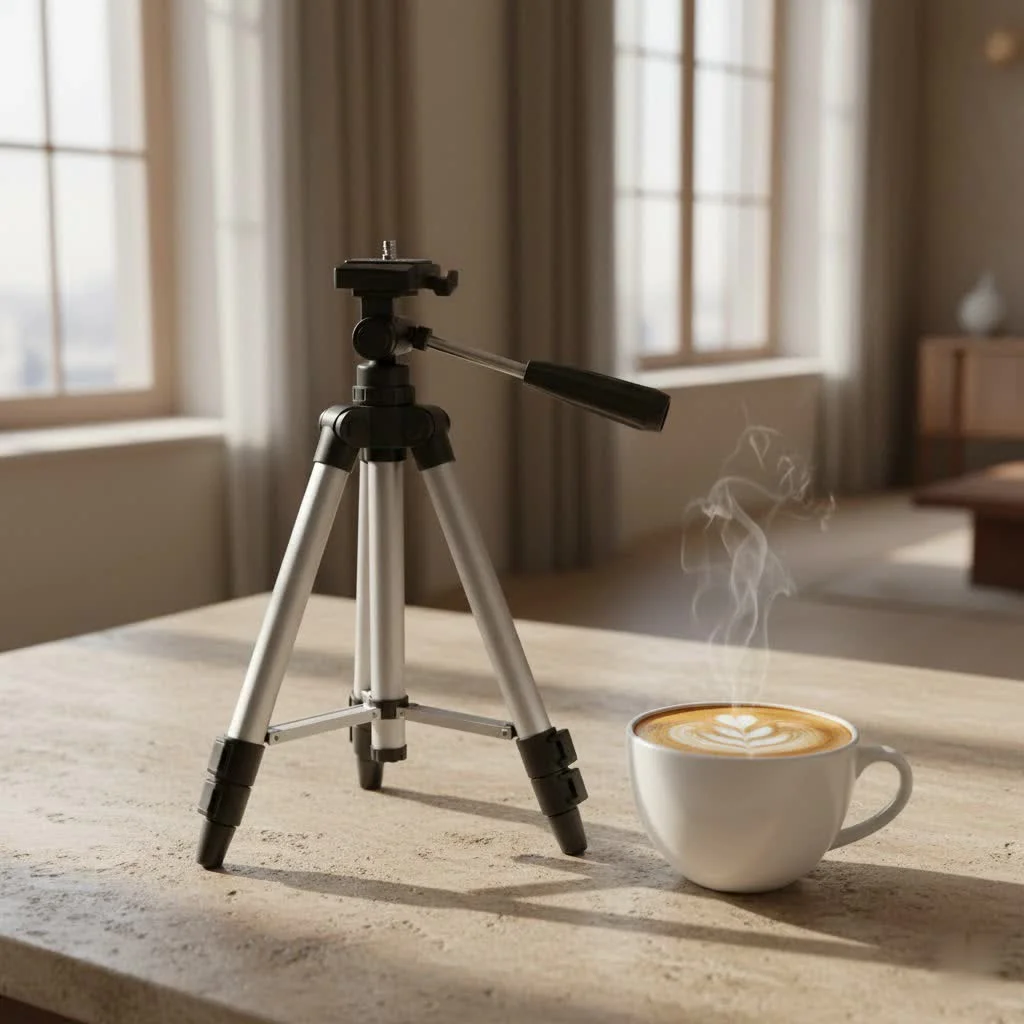 Smartphone mounted on a tripod stand capturing a scenic landscape